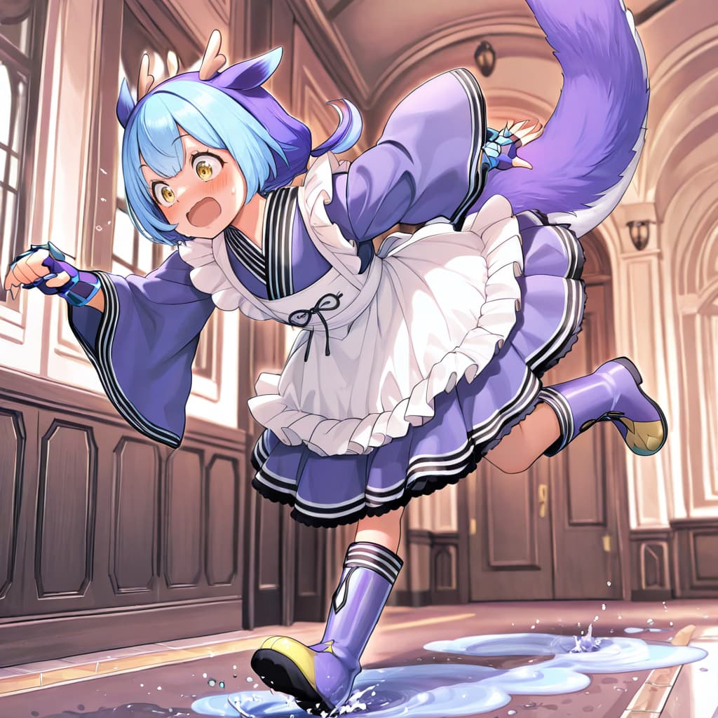 Character image - playful expression, running in hallway, wearing purple and white frilly dress, full body visible, no