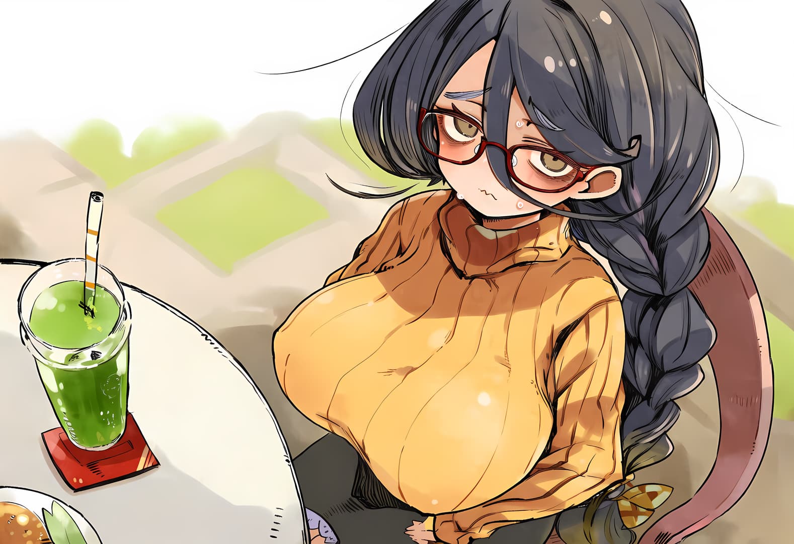 Karakter görseli - sitting in cafe, wearing yellow turtleneck, braided hair, glasses, green drink on table, shy and sli