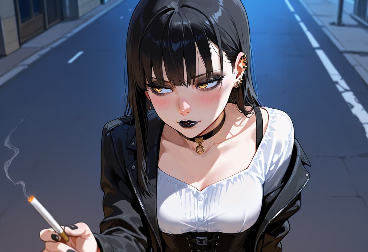 صورة الشخصية - seductive expression, holding cigarette, standing on street at night, wearing white top and black ja