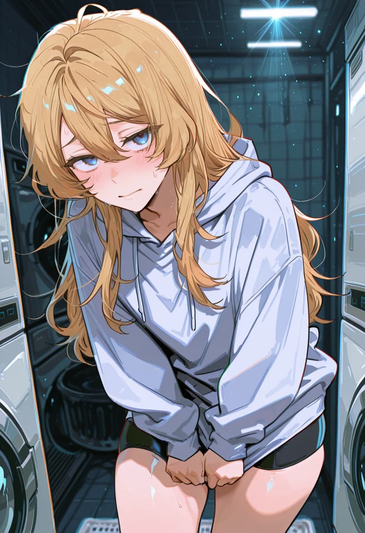 Charakterbild - nude in laundry room, bent over with hands on thighs, legs spread, wetness visible on inner thighs,
