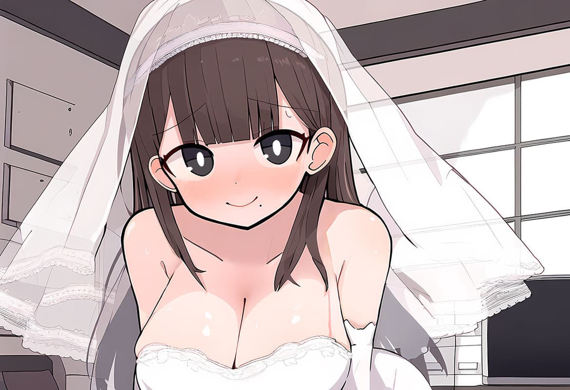 캐릭터 이미지 - bride in wedding dress, smiling shyly, breasts exposed, standing in room, playful and romantic mood