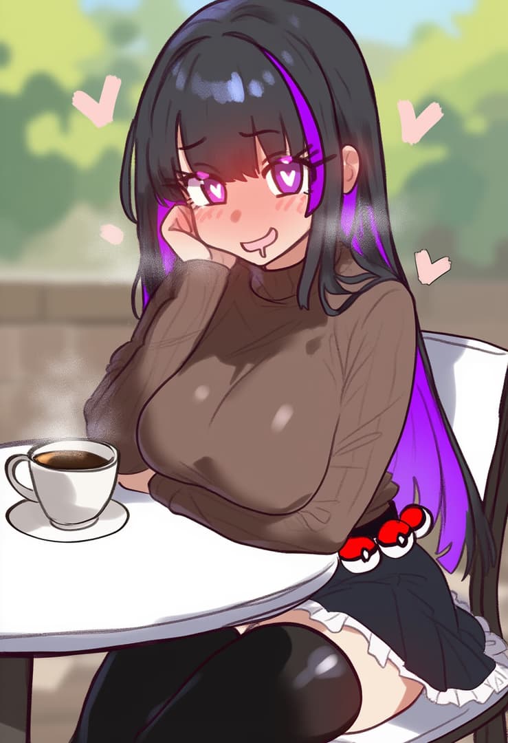 캐릭터 이미지 - sitting at cafe table, blushing with heart-shaped eyes, hand on cheek, wearing brown turtleneck and