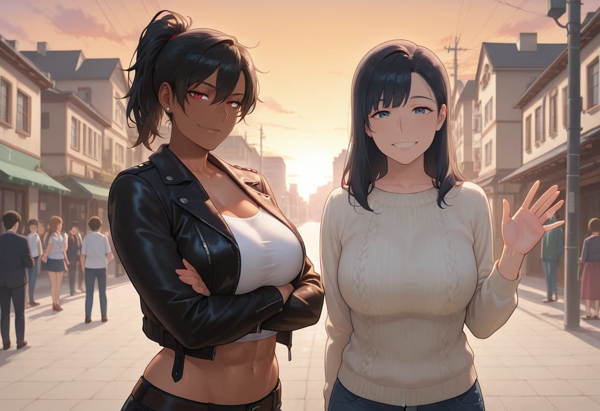 Charakterbild - Two women standing on a street at sunset, one in a black leather jacket with arms crossed and red ey