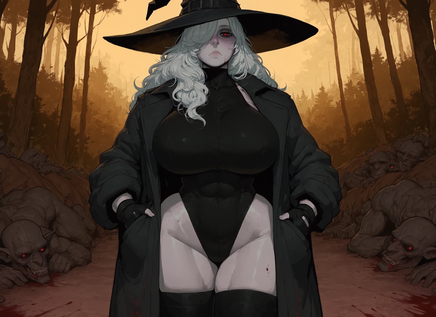 Charakterbild - nude in forest, legs spread, seductive expression, surrounded by dead creatures, blood on ground, co