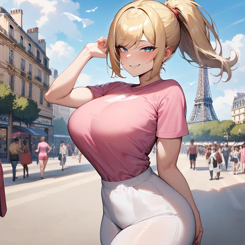 Charakterbild - In Paris, blonde woman in pink t-shirt and white pants, flexing bicep with confident smile, breasts