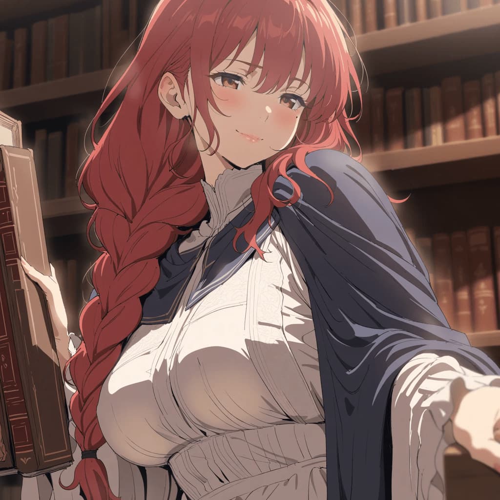 Immagine del personaggio - In library, smiling warmly, holding book, fully clothed in academic outfit with long red braid, cozy