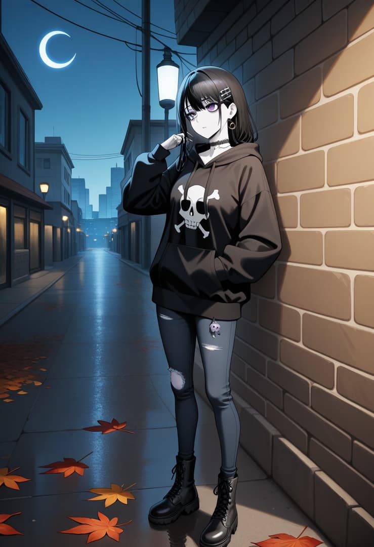 Imagen del personaje - standing against brick wall at night, wearing black skull hoodie and ripped jeans, confident express