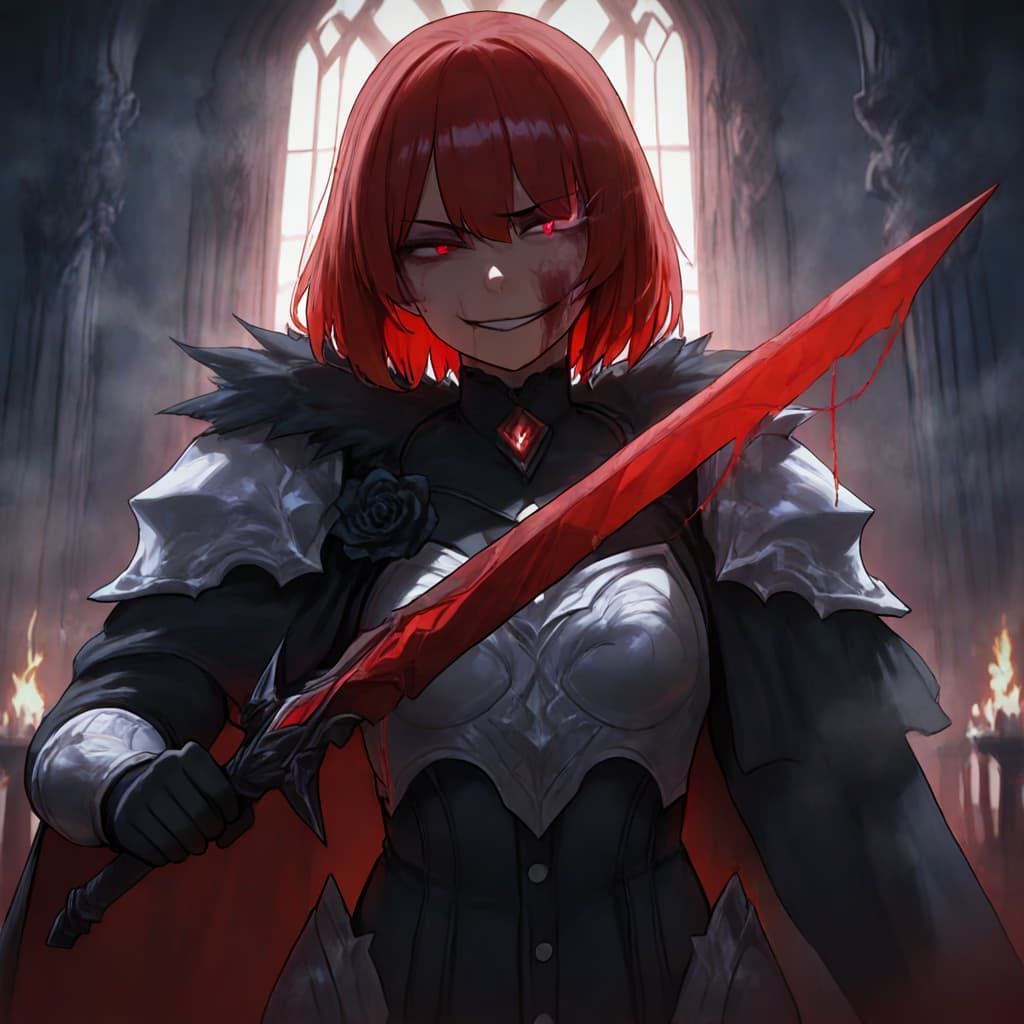 캐릭터 이미지 - Red-haired woman in black and silver armor, holding a large red sword, smiling with blood on her fac