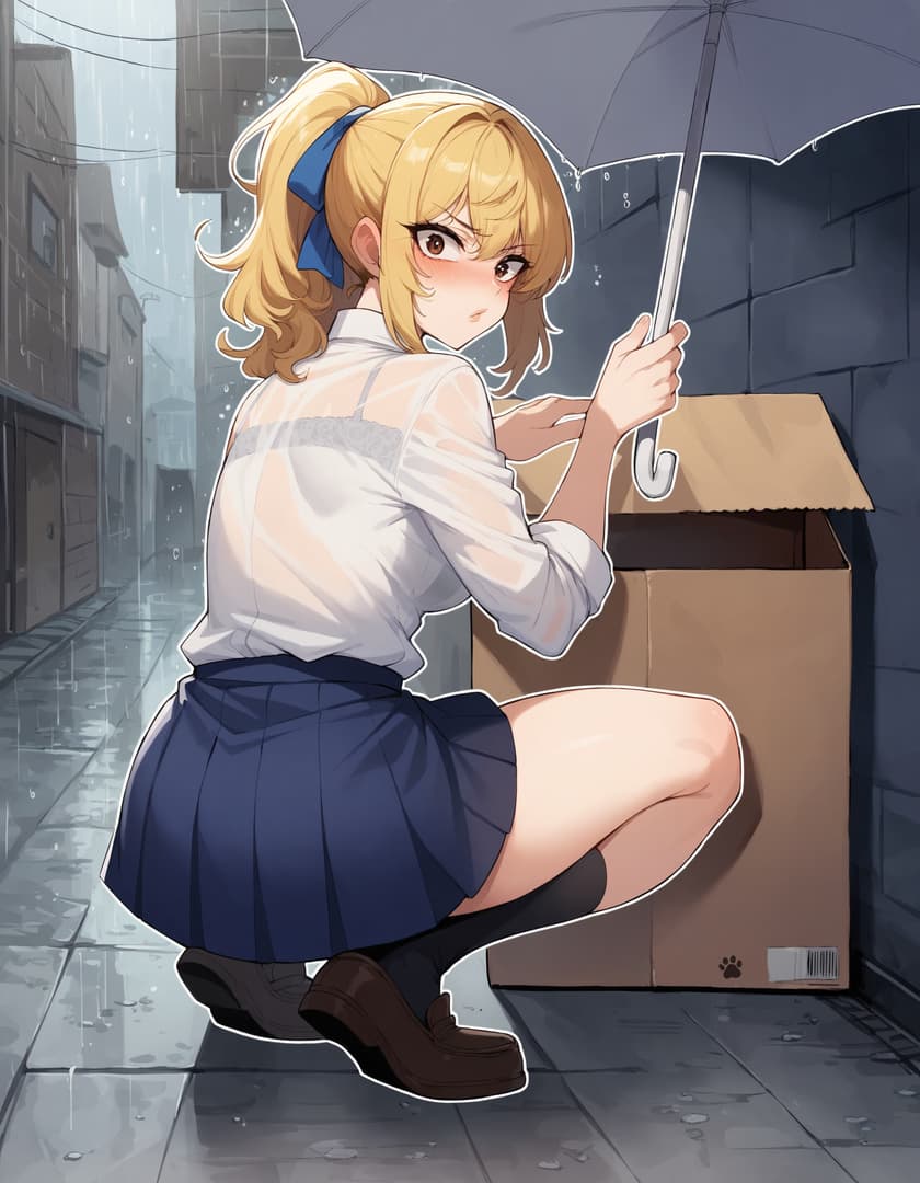 صورة الشخصية - sitting in rain, holding umbrella, crouching beside cardboard box, school uniform, white blouse and
