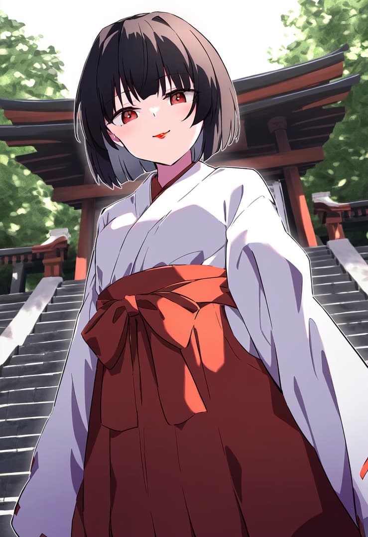 Imagem do personagem - happy expression, standing outdoors at a shrine, wearing a white kimono with a red obi, fully clothe