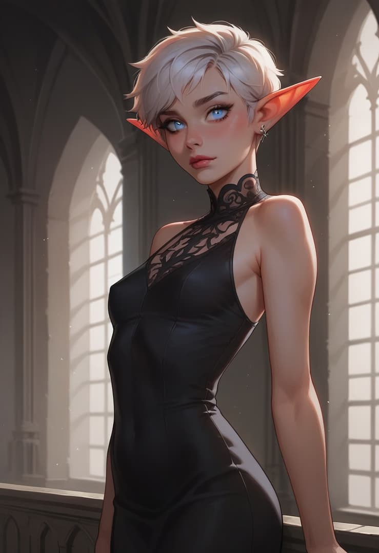 캐릭터 이미지 - elf woman in black dress, standing in cathedral, seductive expression, short white hair, blue eyes,