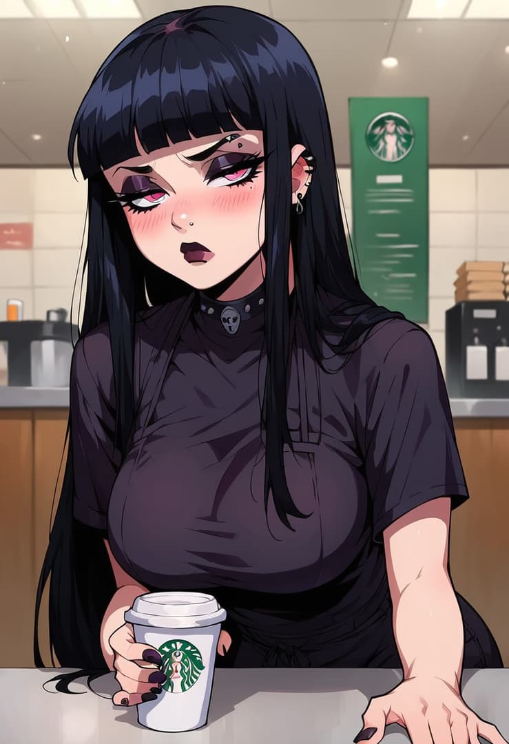 Charakterbild - sitting in a cafe, holding a Starbucks cup, seductive expression with flushed cheeks and half-lidded