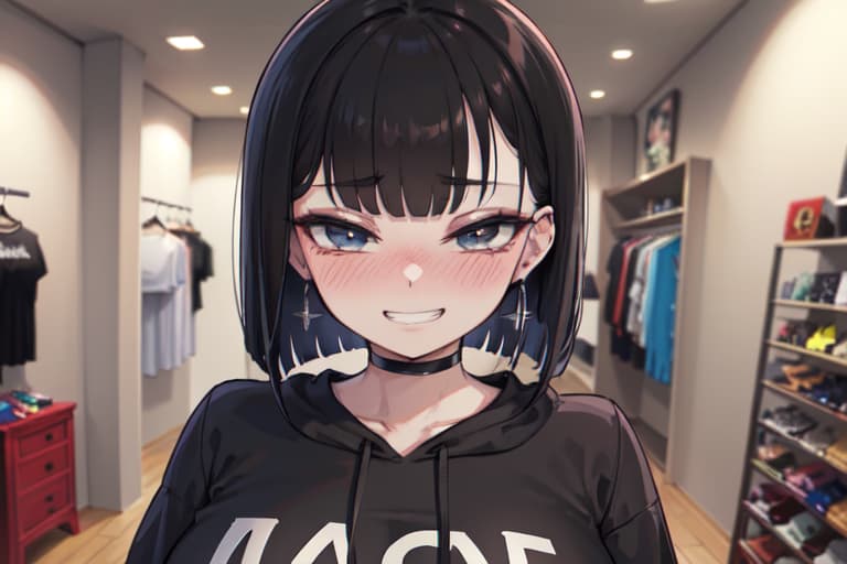캐릭터 이미지 - happy expression, standing in clothing store, wearing black hoodie with white text, black choker, fu