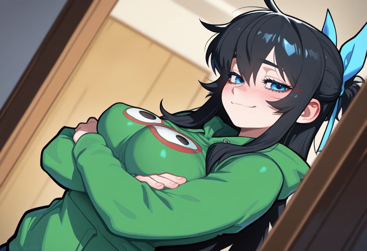 Karakter görseli - in green frog onesie, arms crossed, blushing with seductive smile, cozy indoor setting