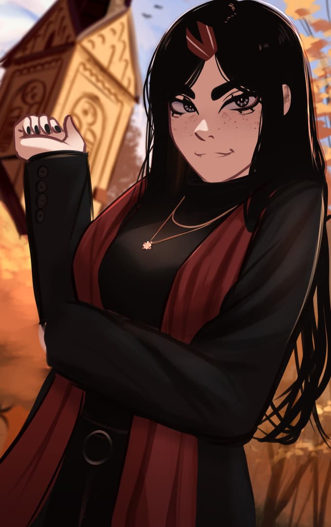 Karakter görseli - confident smirk, arms crossed, standing outdoors in autumn, wearing black turtleneck and red vest, l