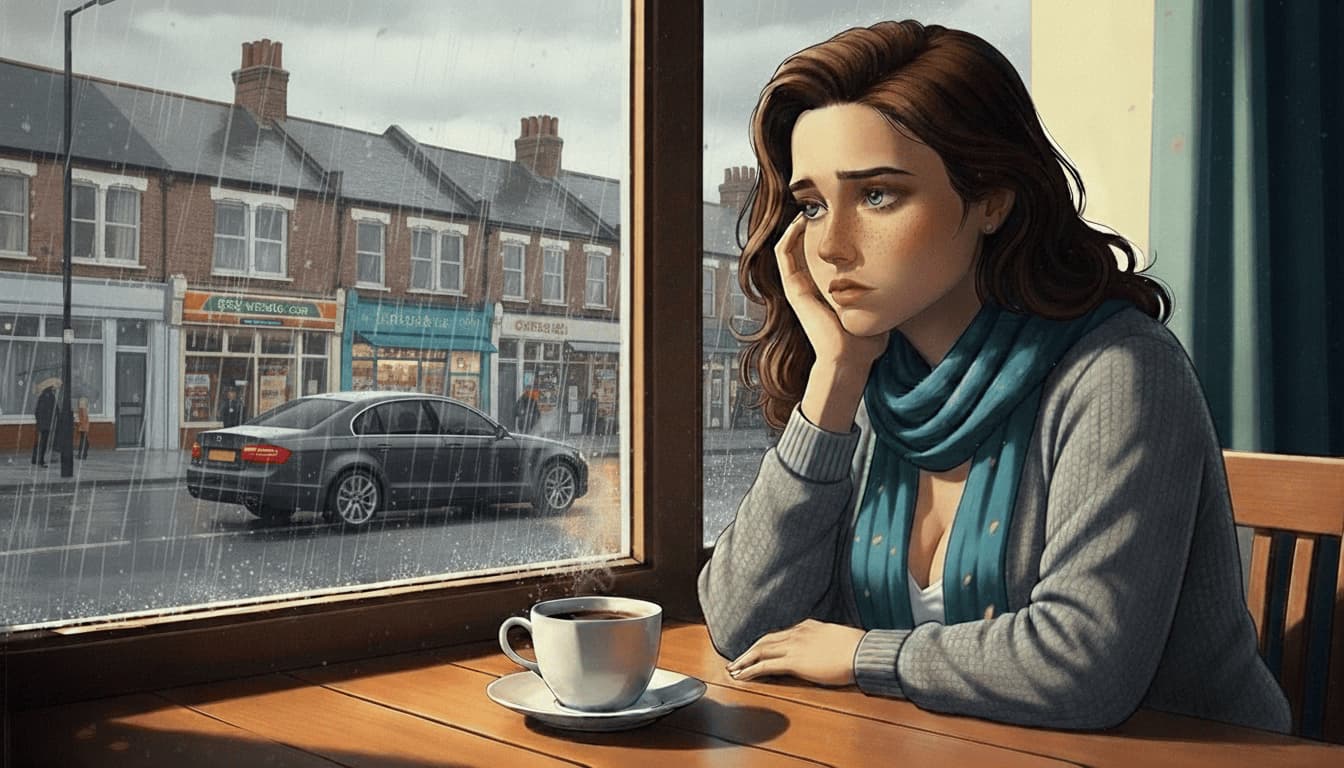 Immagine del personaggio - sitting in cafe, thoughtful and sad expression, hand on face, wearing gray sweater and blue scarf, f