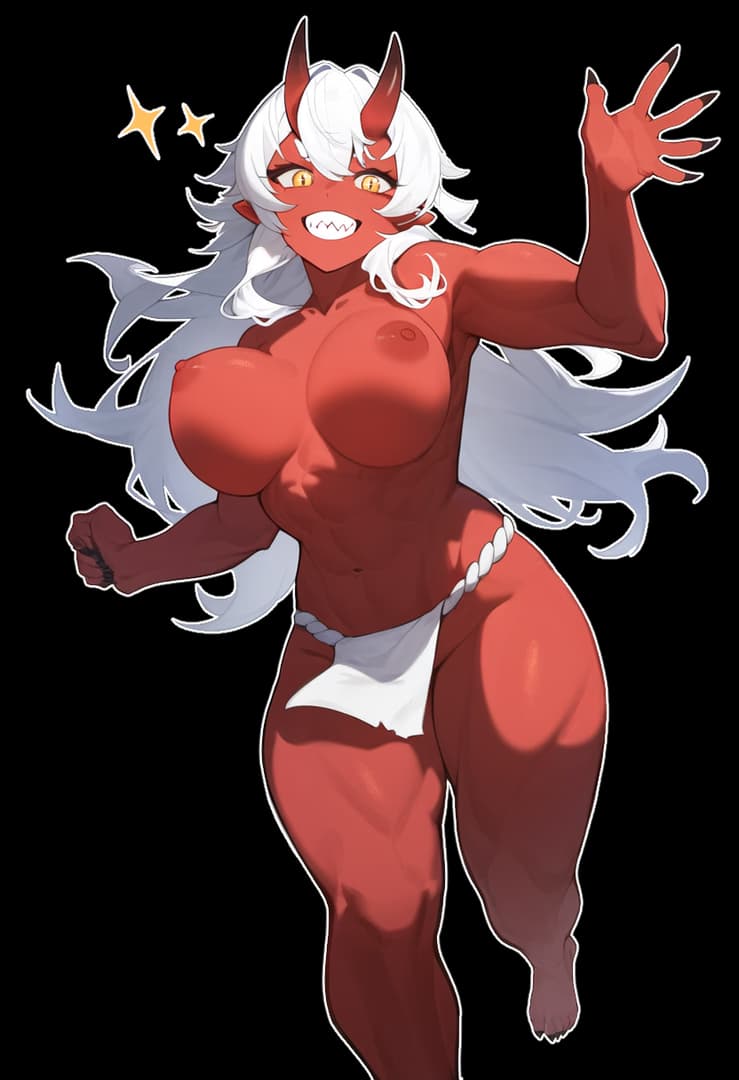 Karakter görseli - nude, red-skinned demon with white hair and horns, standing with one hand raised and the other clenc