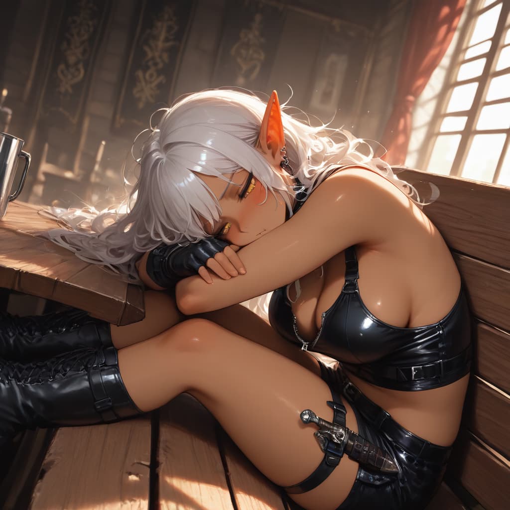 Charakterbild - Sleeping with head on table, silver hair, elf ears, wearing black leather top and boots, thigh holst