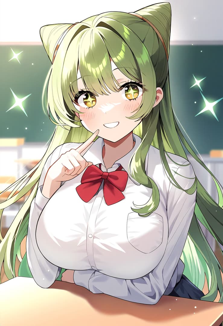 Charakterbild - happy and playful in classroom, green hair with cat ears, wearing white shirt with red bow, breasts