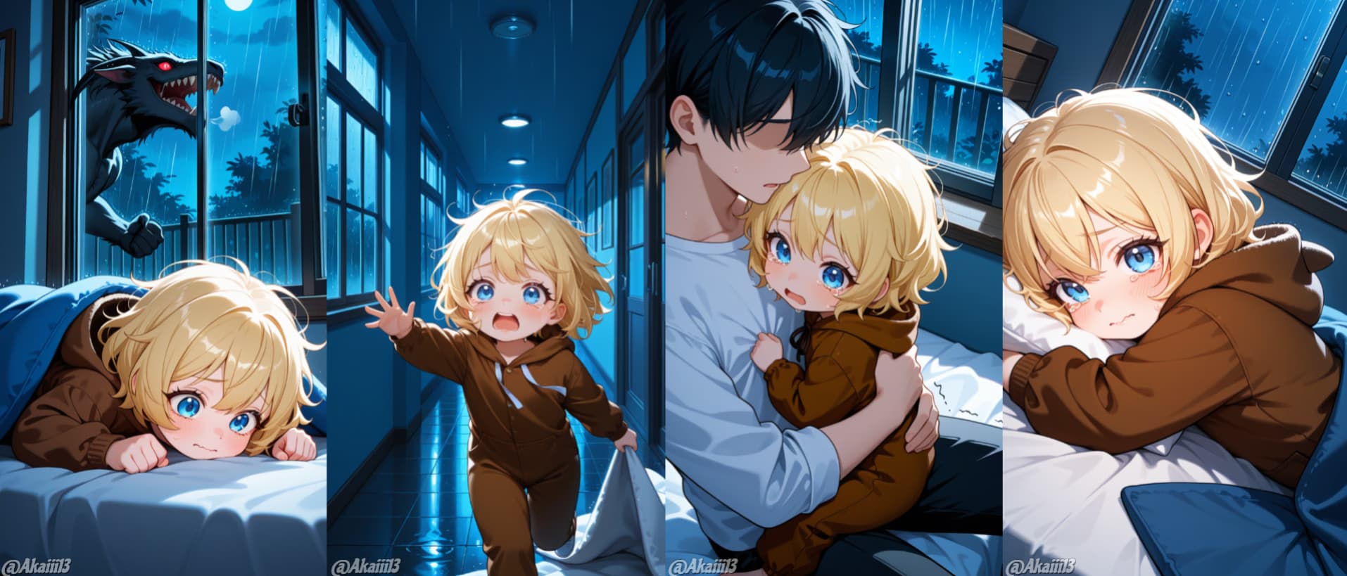 Immagine del personaggio - afraid child in bedroom, crying, being comforted by adult, rain outside, monster at window, cozy but