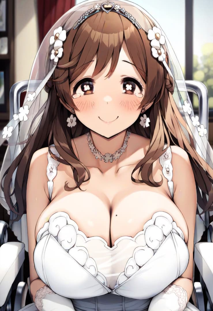 Immagine del personaggio - bride in wedding dress, sitting in wheelchair, smiling happily, breasts exposed, veil with white flo