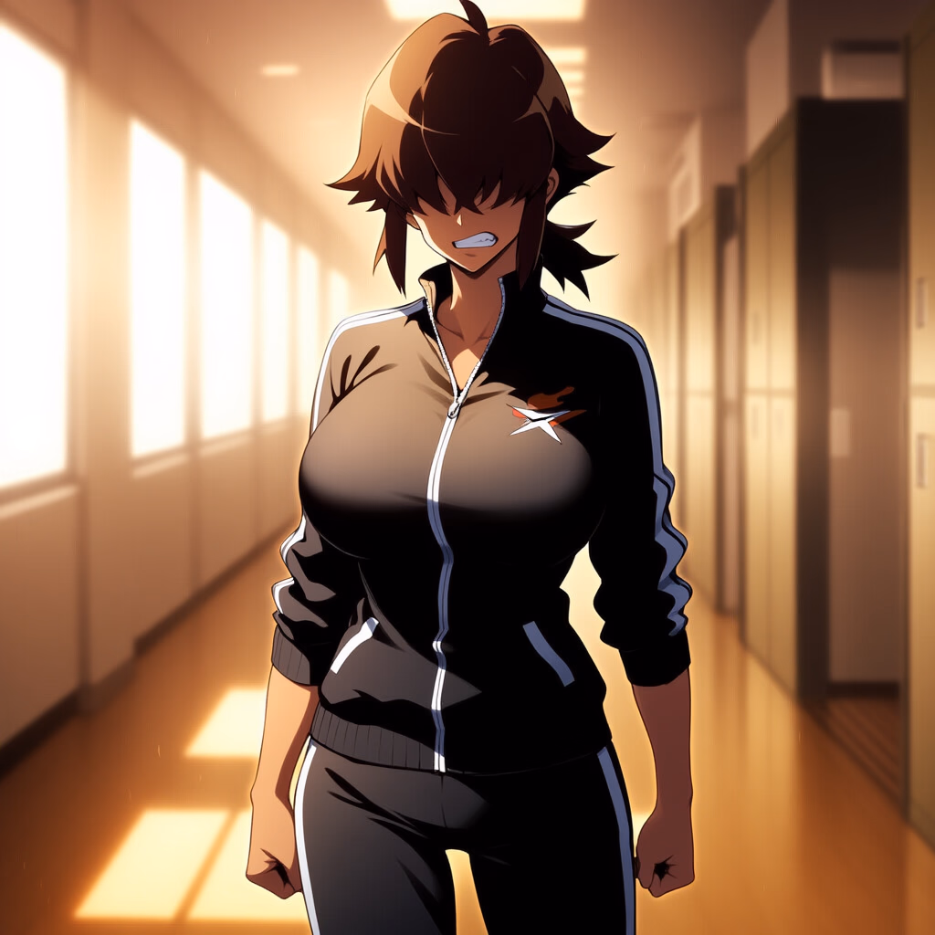 Imagem do personagem - standing in hallway, wearing black tracksuit with white stripes, confident expression, fists clenche