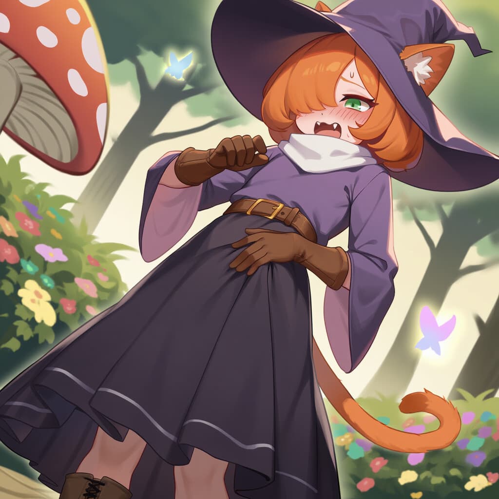 Hình ảnh nhân vật - angry expression, fists clenched, wearing purple witch outfit with cat ears and tail, standing in fo