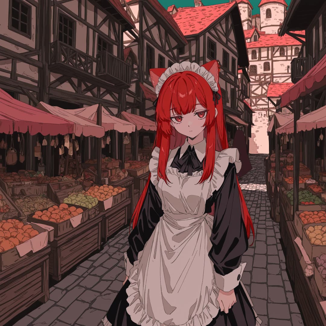 Imagen del personaje - Red-haired girl with cat ears, wearing a white and black maid outfit, standing in a medieval market