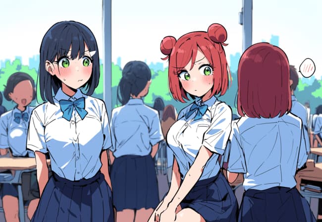 Imagem do personagem - two girls in school uniforms, one with black hair and green eyes looking surprised, the other with r