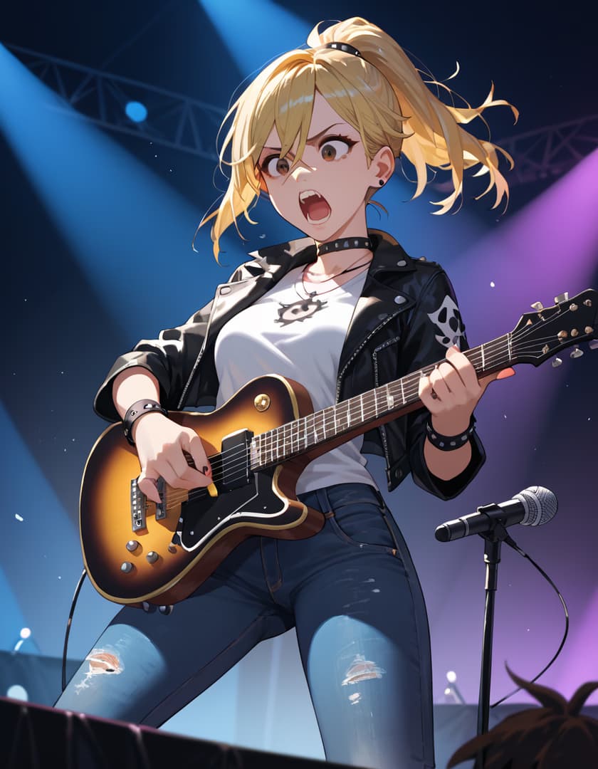 Character image - Energetic rock musician on stage, playing electric guitar with intense expression, wearing black lea
