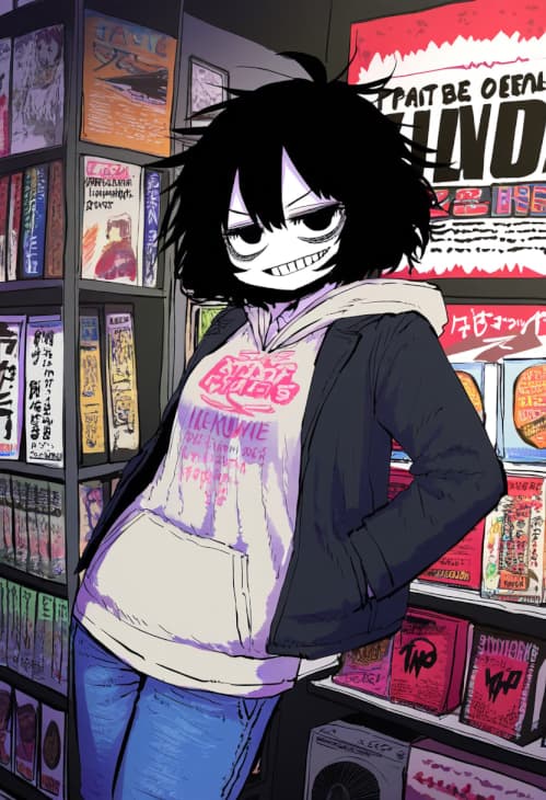 Obraz postaci - In a comic book store, a character with messy black hair and a wide, unsettling grin stands with han