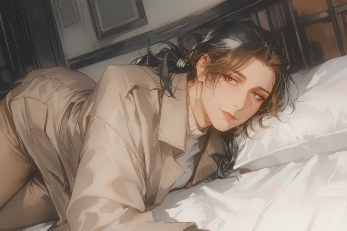 รูปภาพตัวละคร - lying on bed, fully clothed in beige coat, dark hair tied back, seductive expression, looking over s