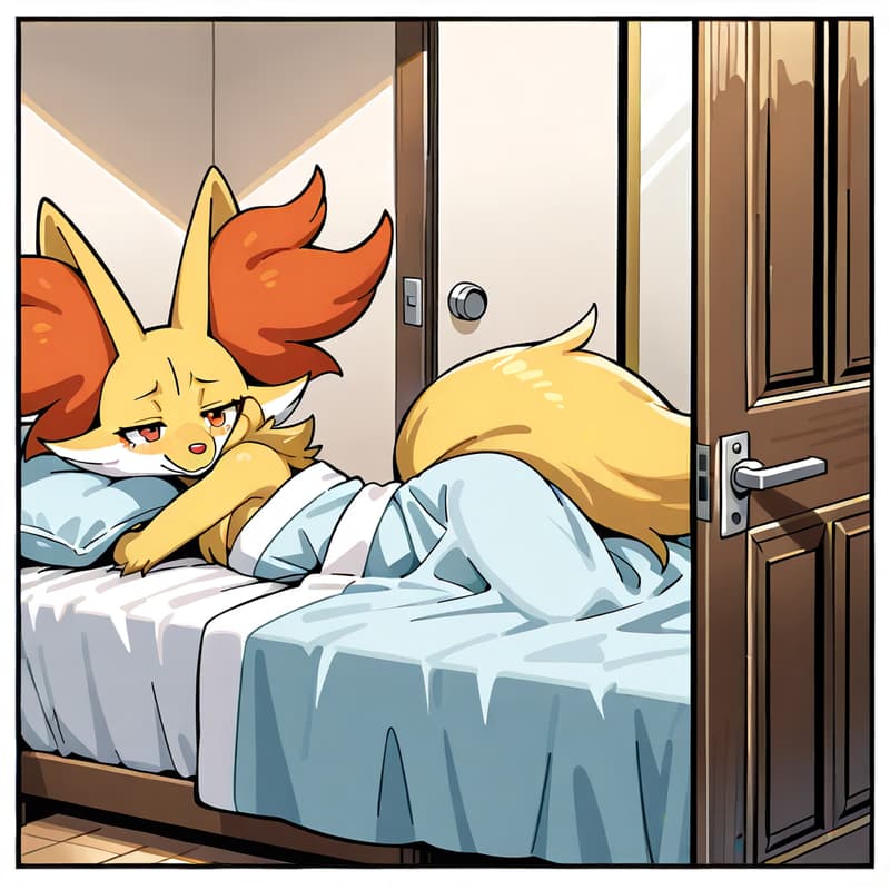 캐릭터 이미지 - lying in bed, partially covered by light blue blanket, fluffy orange fox ears and tail visible, slee