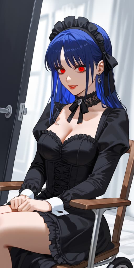Immagine del personaggio - sitting in wheelchair, black maid outfit with low neckline and lace details, blue hair, red eyes, se