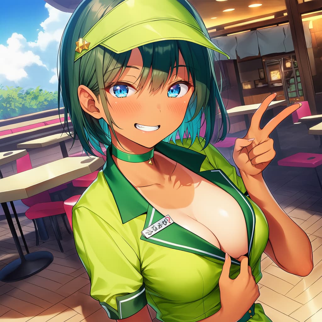 Immagine del personaggio - happy and playful in a cafe, wearing a green uniform with a low neckline, breasts exposed, making a