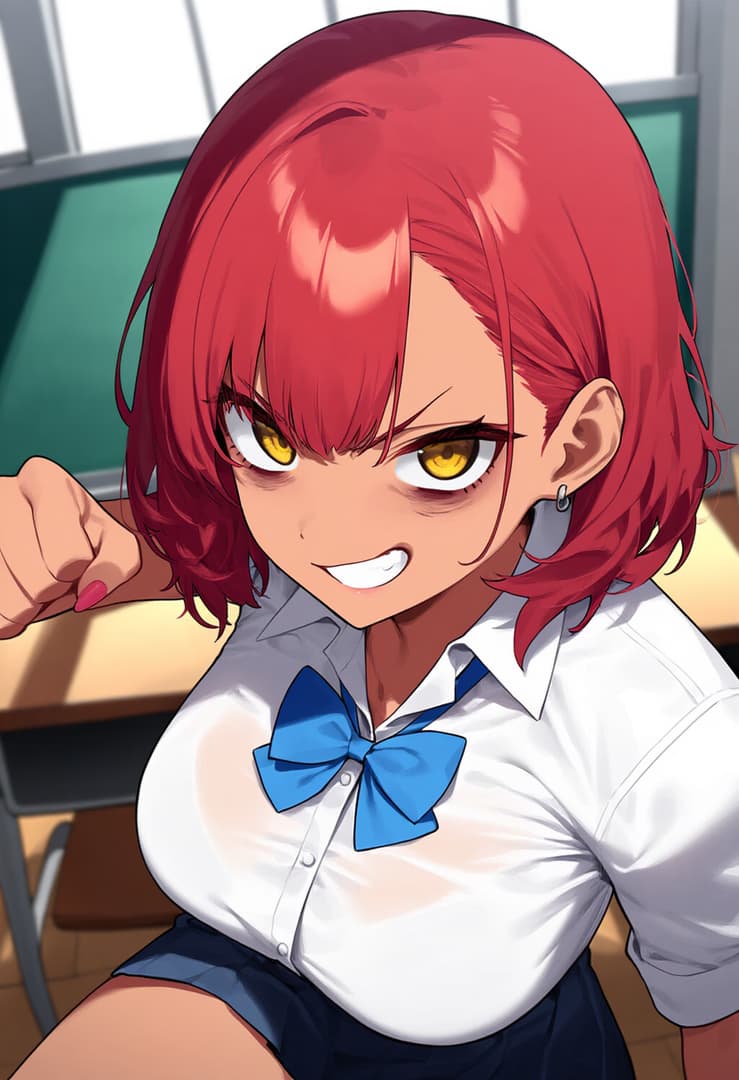 Obraz postaci - angry expression, red hair, yellow eyes, wearing white shirt with blue bow tie, sitting in classroom