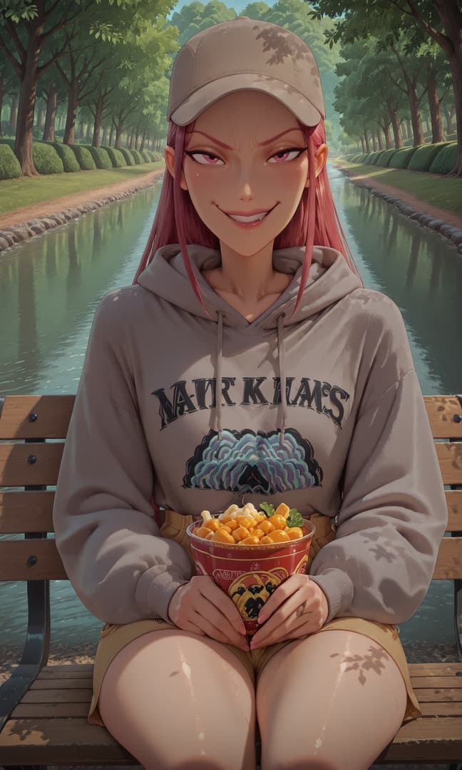 Hình ảnh nhân vật - sitting on bench outdoors, smiling happily, wearing hoodie and shorts, holding popcorn, legs slightl