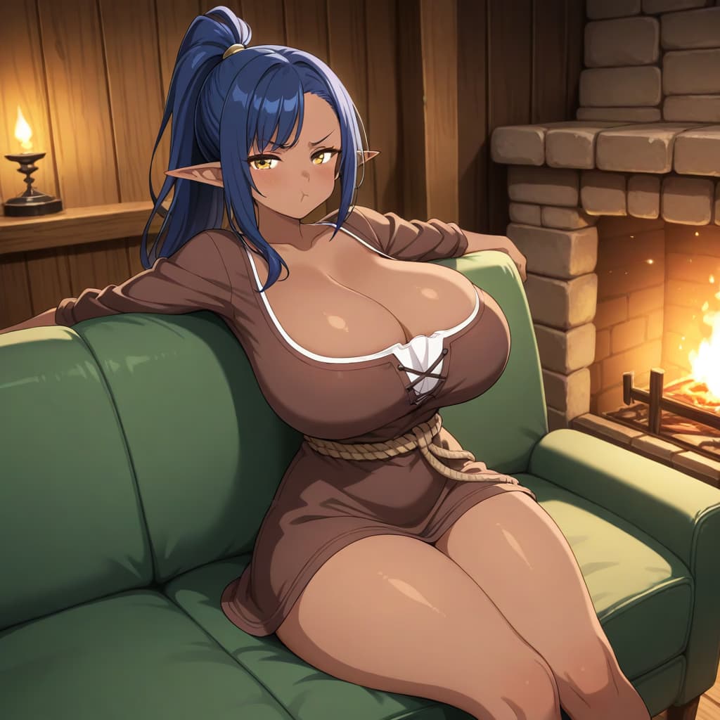 Karakter görseli - elf woman with blue hair, sitting on green couch, legs spread, wearing brown dress with low neckline