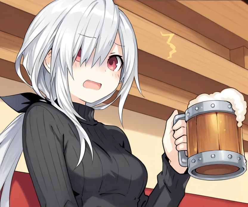Imagem do personagem - sitting in a wooden room, holding a large mug of beer, silver hair, red eyes, blushing with a surpri