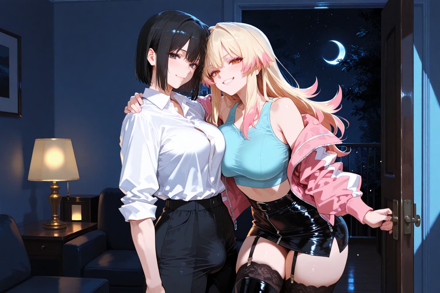 Charakterbild - Two women standing together in a bedroom at night, one with black hair in a white shirt and black pa