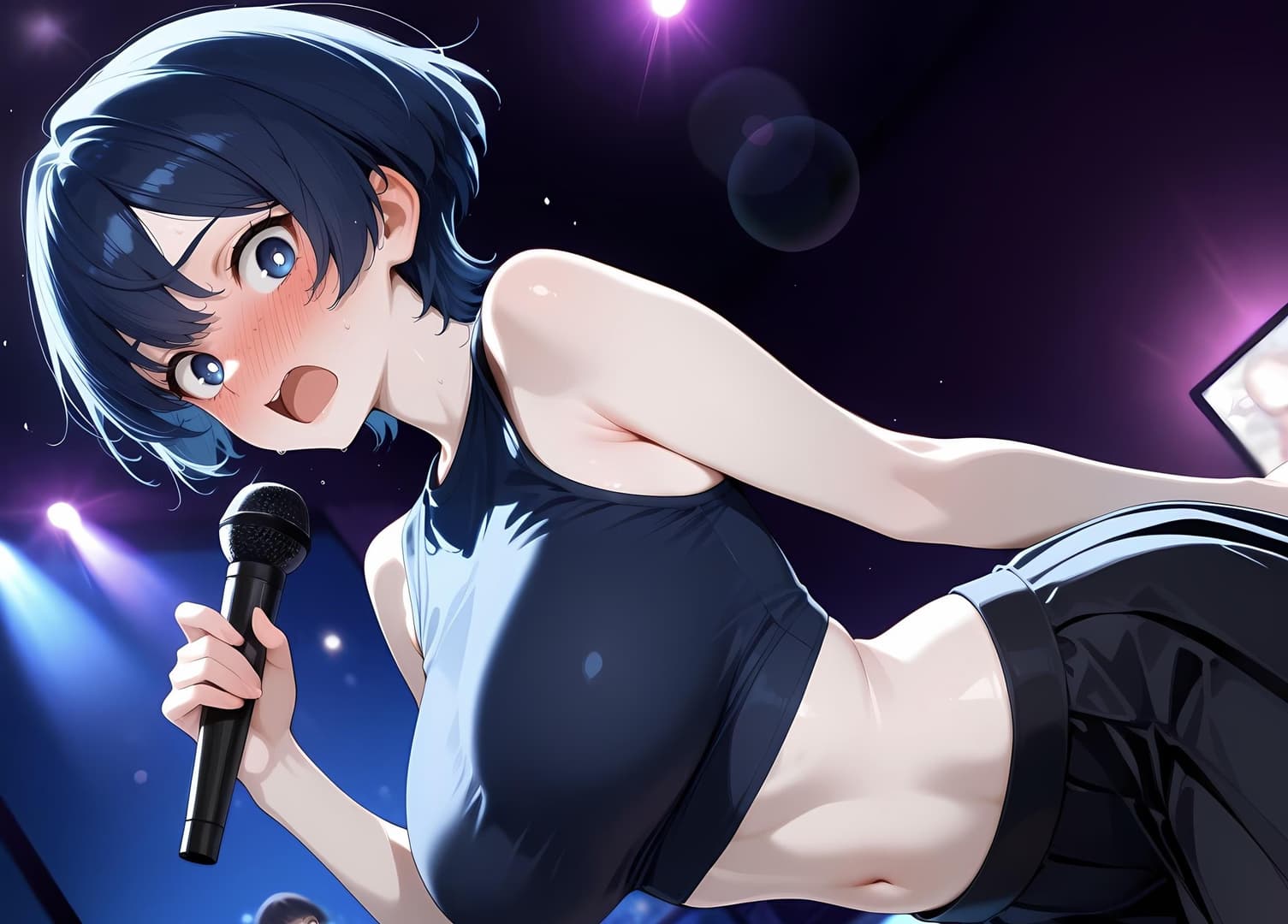 Charakterbild - nude on stage, legs spread, holding microphone, breasts exposed, aroused expression, purple and blue