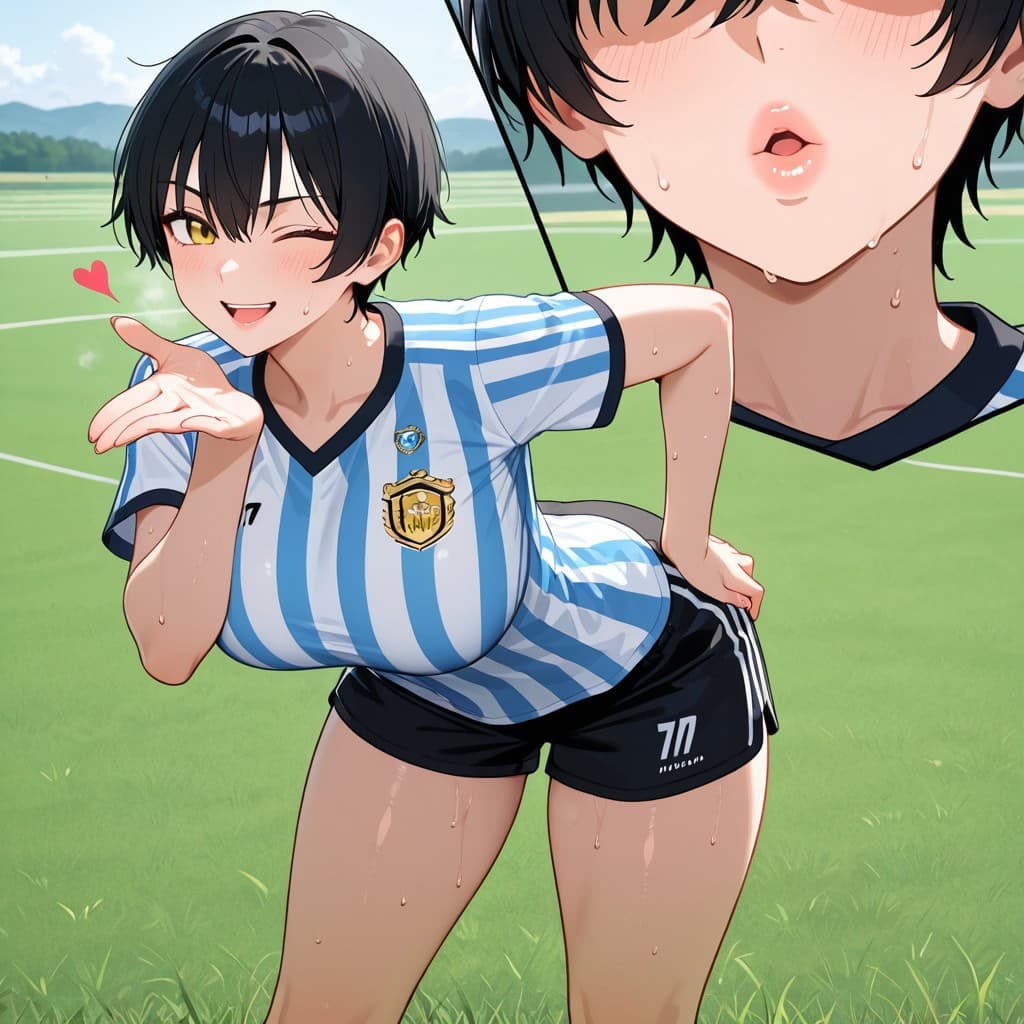 캐릭터 이미지 - playful and seductive, wearing Argentina soccer jersey and shorts, winking and blowing a kiss with h