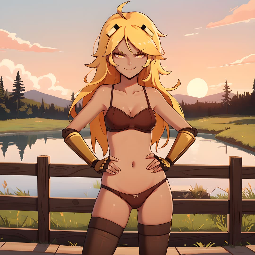 Gambar karakter - Confident pose with hands on hips, standing outdoors at sunset near a lake, wearing brown bikini and
