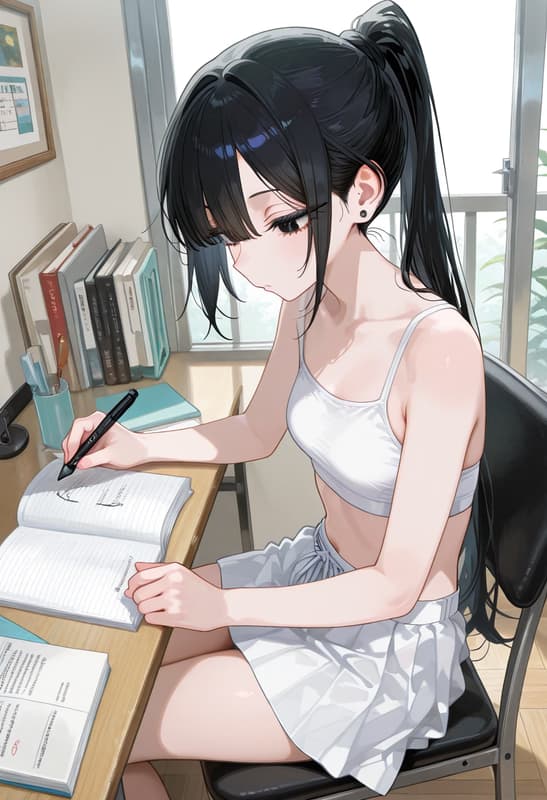 Immagine del personaggio - sitting at desk, writing in notebook, wearing white tank top and short skirt, hair in high ponytail,