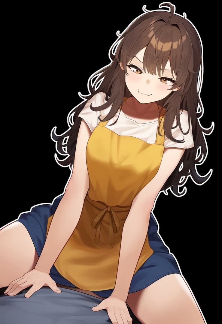 صورة الشخصية - sitting on bed, wearing white shirt and yellow apron over blue shorts, legs slightly spread, smiling