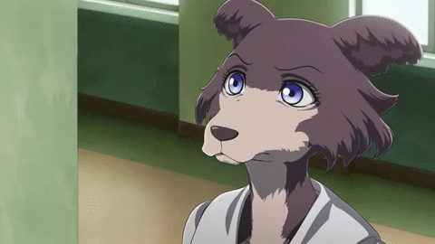 Imagen del personaje - sad expression, sitting in classroom, wearing white lab coat, looking up with wide blue eyes, fur-co