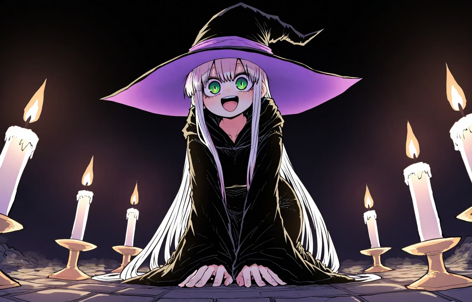Immagine del personaggio - sitting on stone floor, wearing black witch outfit with wide purple hat, long white hair, green eyes