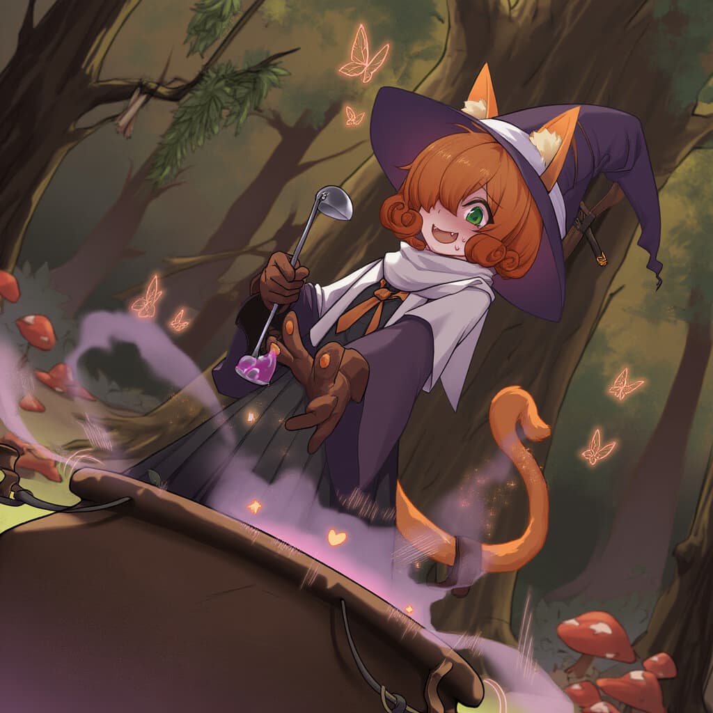 Hình ảnh nhân vật - happy and playful, sitting in forest, wearing witch hat and outfit, holding ladle over cauldron, cat