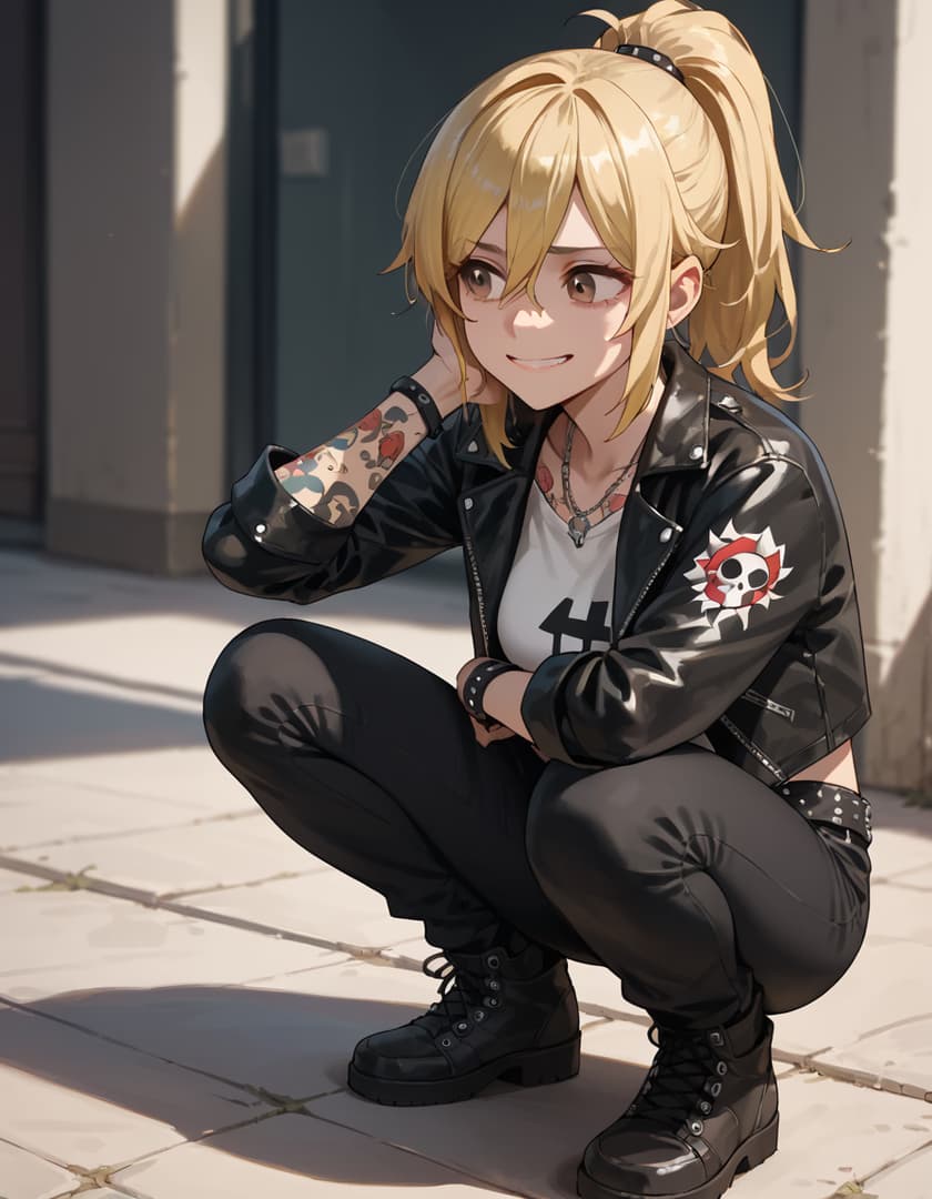 Character image - squatting outdoors on pavement, smiling confidently, blonde hair in high ponytail, wearing black lea