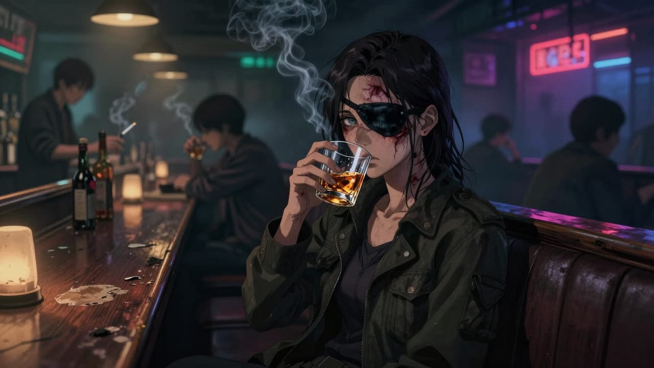 Image du personnage - In a dimly lit bar, a woman with dark hair and an eyepatch over one eye sits at the counter, smoking